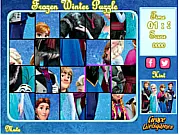Screenshot of the Frozen Winter Puzzle game interface showing a scattered image of a snowy western cultural scene, with various rotating jigsaw pieces.