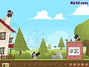 Juicy Bazooka free online game screenshot, launching a bomb from a bazooka to eliminate food thieves in a physics puzzle game, PlayArcadeHub