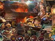 Sacred Elements Fire Hidden Objects game screen showing a visually rich, red-toned scene with many objects hidden within the fiery elements.