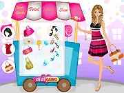 Candy Shop Dress-Up free online game screenshot, girl holding a bag of candies after visiting the candy cart, fashion and sweet treats theme, PlayArcadeHub