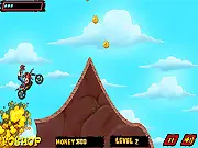 Screenshot of Bike Rush game showing a dirt bike racer using nitro to jump over large hurdles on an extreme racing track