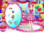 Screenshot of Candy Girl Party dress-up game showing a girl wearing a brightly colored, candy-themed dress and accessories