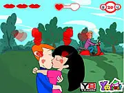 Screenshot of Kiss Sweet Kiss free online game showing a cartoon couple kissing while hiding from a person looking in the distance.