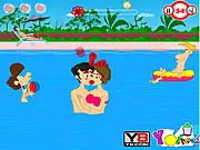 Swimming Time Kiss free online game screenshot showing a couple kissing in a swimming pool while avoiding the gaze of other pool-goers on PlayArcadeHub.