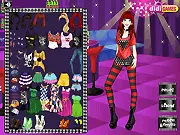 Screenshot of Spring Emo Style dress-up game showing a female avatar wearing black, red, and plaid emo fashion accessories