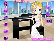 Screenshot of Girl Play the Piano dress-up game showing Amy in a elegant dress, sitting at a piano, ready for her concert