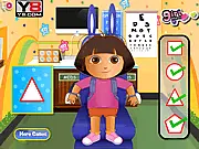 Screenshot of Dora and Diego Eye Clinic free online game showing Dora and Diego seated at the eye doctor's office for a vision test.