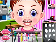 Baby Emma Dentist Care free online game screenshot, a child playing with dental tools on a cartoon baby's teeth, PlayArcadeHub