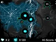 BioDigit game screenshot showing a small one-eyed spider character shooting lightning bolts at multiple flying enemies