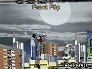Stickman Combo Stunts free online game screenshot showing a stickman on a bike performing a mid-air flip over a huge ramp.