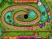 Screenshot from the Funny Animals 2 online game showing the colorful, matching animals moving along a path and the player's cannon ready to shoot.
