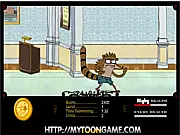 Regular Show Rescue Mordecai game screen showing Rigby the raccoon fighting a monster on a platform, play free online adventure game