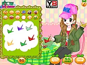 Free online dress up game screenshot of Origami Paper Cranes showing a girl with paper cranes and a display table