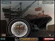 Coast Attack game screen, first-person view of a harbor under attack, player aiming a gun at terrorists, FPS shooting game