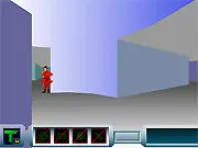 Gameplay screenshot of Intruder, showing the first-person perspective in a dark corridor with an enemy character quickly popping out from behind a corner.