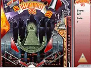 Illuminati Pinball online game screenshot, showing a pinball table with mystic symbols, flippers, and a high-score display.