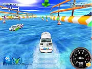 Screenshot of 3D Storm Boat free online racing game, showing a blue speedboat speeding across the deep sea with waves spraying.