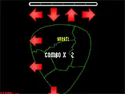 The Pick of Destiny rhythm game screenshot showing musical arrows streaming down the screen towards a central tapping line.