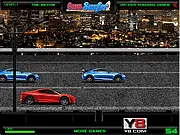 Speed Racer 2 free online car racing game screenshot on PlayArcadeHub showing a futuristic race car speeding around a sharp turn on a colorful track.