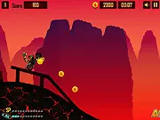 Volcano Ride game screenshot showing a character speeding down a mountain slope with lava and smoke in the background