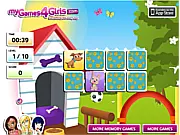 A group of cute cartoon dog faces, including a pug and a poodle, set against a background of face-down cards from the Dog Memory Game online.