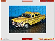Russian Taxi Jigsaw Puzzle game screen showing a scattered image of a retro Russian Taxi car, play free online puzzle game