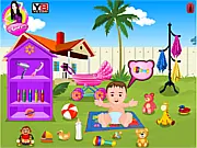 A cute baby smiling while being given a bubbly bath surrounded by toys in a sunny garden, representing the free online care game.