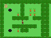 Screenshot of Hares Harvest free online game showing a cute brown hare running on a green field away from a fox, near a rabbit hole.
