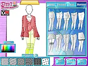 Screenshot of the Fashion Studio Winter Outfit game showing a model wearing a custom-designed winter dress, with sewing tools and fabric samples in the background, available to play online.