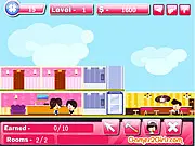 Screenshot of Hotel Builder game showing a busy hotel lobby with a front desk girl, guests, and construction elements