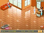 Screenshot of Jenny's Fitness Center online game showing a busy gym floor with customers on exercise equipment and Jenny standing by the counter.