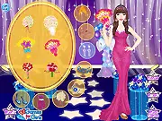 Screenshot of Prom Queen Flash makeover game showing a girl trying on a sparkling pink dress and high heels.