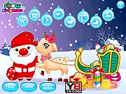 Screenshot from the Christmas Cute Reindeer dress-up game, showing an adorable reindeer decorated with festive Christmas accessories and a harness.