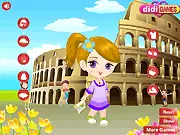 Screenshot of Emily's Summer Trip dress up game showing a girl in a stylish vacation outfit, holding luggage.