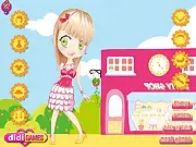 Screenshot of Cute Town Trend free online dress up game showing a girl in a cute outfit standing next to her pink convertible car.