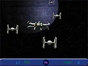 The X-Wing Shooter game screen showing a small starfighter firing lasers at multiple enemy spaceships.
