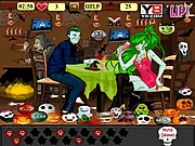 Monster Couple Dating Hidden Object game screen showing two monsters on a date in a dark, mysterious restaurant, with various eerie items and hidden ghouls to find.