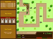 Offensive Defense Tower Game free online screenshot, defensive towers shooting at a stream of invading bugs on a road