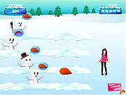 Screenshot of the Snowman Panic arcade game, showing Lilly in Central Park and several incomplete snowmen rolling toward her, needing hats and scarves.