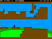 Stick figure action game Black Fog Chronicles Part 1, jumping between platforms while shooting an enemy.