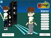Screenshot of the Rapper Style Dress Up game, showing a teenage boy model posing in a hip-hop outfit with a baseball cap, large chain, and baggy clothes, surrounded by clothing options.