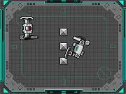 Robo Dome game screenshot: two giant futuristic mechs battling in an arena, one firing a laser blaster