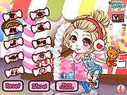 Sweet Candy Shop Girl Dress Up game cover showing a cute cartoon girl with pink hair and a candy-themed dress, surrounded by lollipops and sweets.