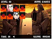 Naruto Ninja Memory card game screenshot showing matching cards of Naruto, Sasuke, and Kakashi in a timed, free online puzzle challenge.