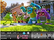 Screenshot from the Monsters University Hidden Objects game showing a busy, colorful university scene with a list of objects to be found.