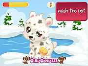 An adorable baby polar bear being groomed and cared for in the Arctic studio setting of the Polar Bear Pet Care game.