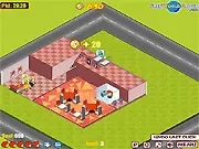 Bed and Breakfast 3 management game screenshot showing the lobby, guest rooms, and the hotel manager serving visitors