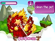 A magical phoenix bird with bright, fiery feathers being gently cared for in a fantasy forest setting from the Phoenix Care online game.