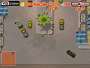 Save The Fish Truck online game screen shot showing a small truck pushing fish towards a pond in a busy market environment