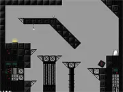 Two robotic characters standing next to colored blocks and an exit door in the puzzle game Twin Bots.